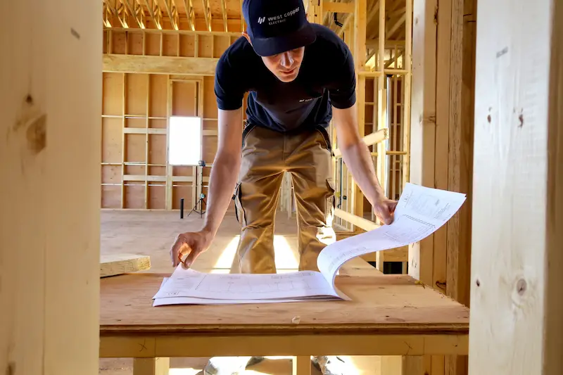 A licensed electrician performing residential new construction wiring on a custom home.